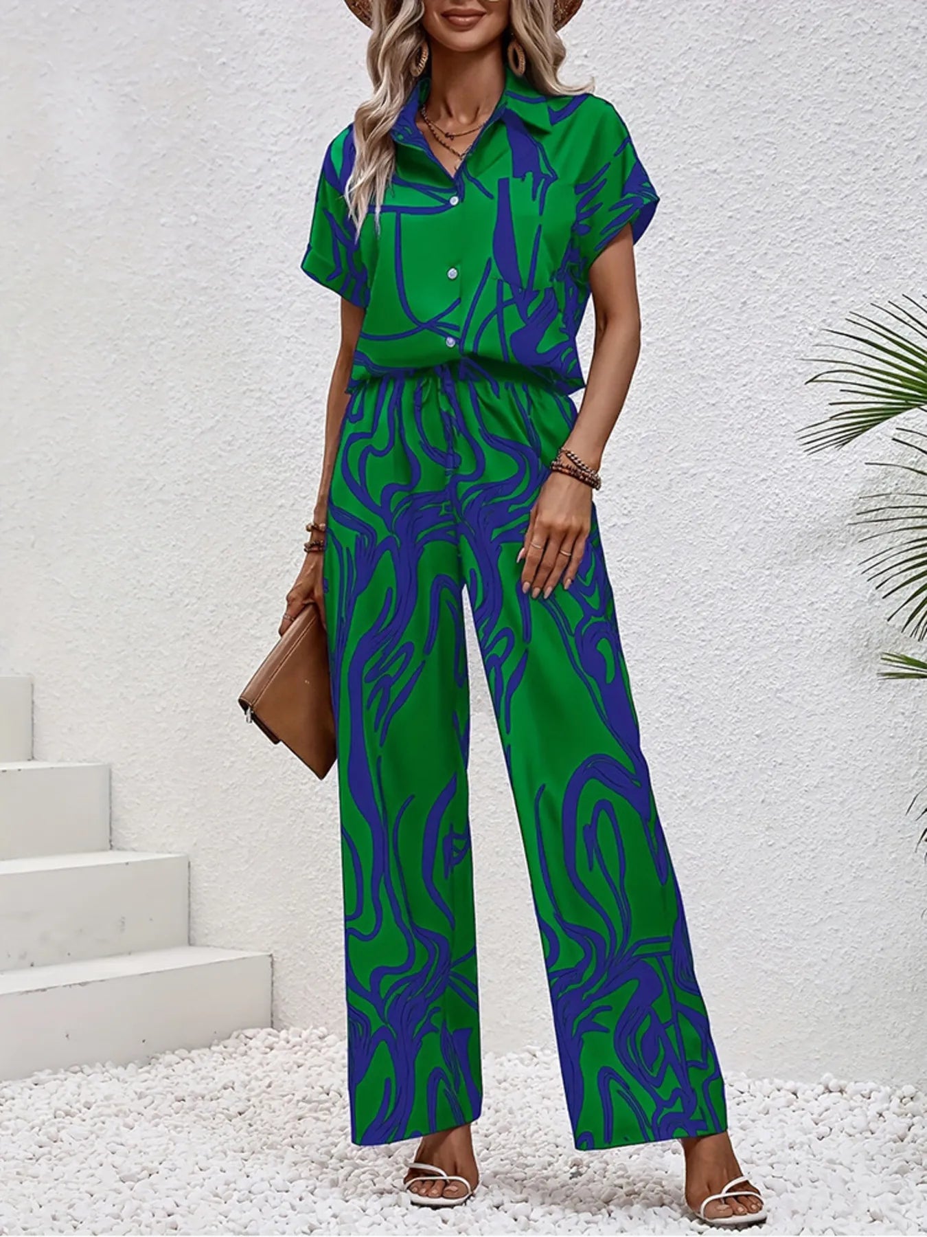 Printed Button Up Shirt and Pants Set - Velora Luxury Fashion