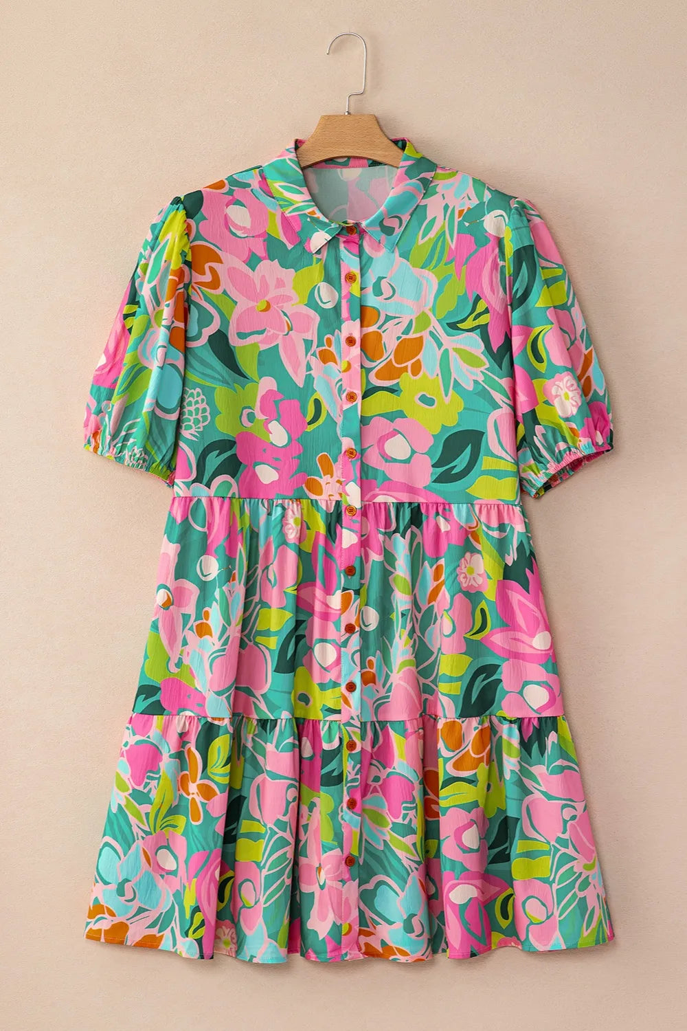 Printed Collared Neck Puff Sleeve Mini Dress - Velora Luxury Fashion