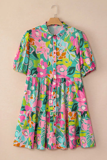 Printed Collared Neck Puff Sleeve Mini Dress - Velora Luxury Fashion
