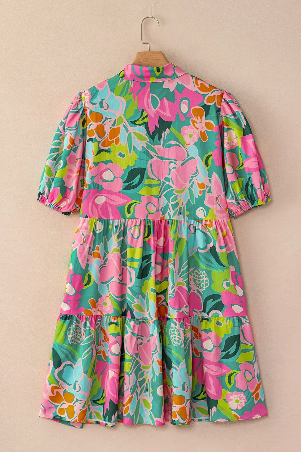 Printed Collared Neck Puff Sleeve Mini Dress - Velora Luxury Fashion