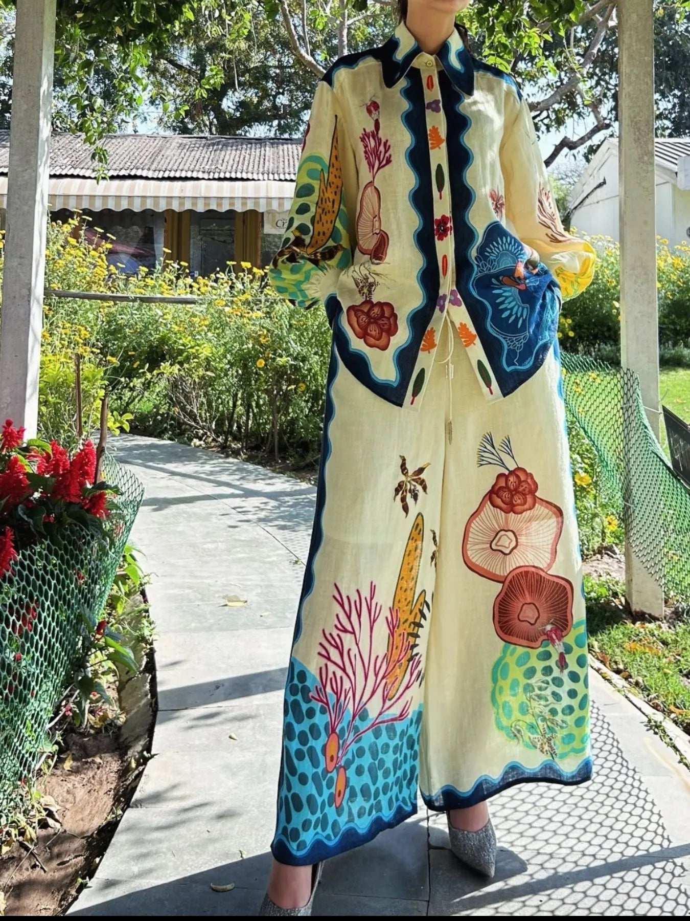 Printed Collared Neck Shirt and Wide Leg Pants Set - Velora Luxury Fashion