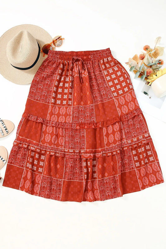 Printed Drawstring Midi Skirt - Velora Luxury Fashion