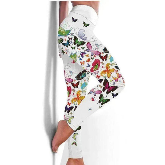 Printed Floral Butterfly Leggings High Waist Slim Yoga Pants Leggings - Velora