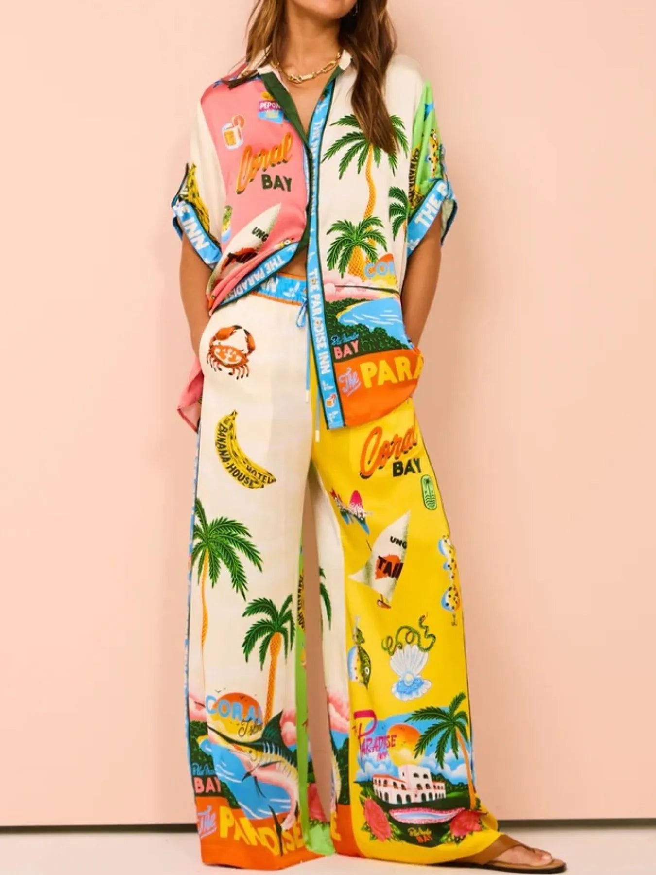 Printed Half Sleeve Shirt and Wide Leg Pants Set - Velora Luxury Fashion