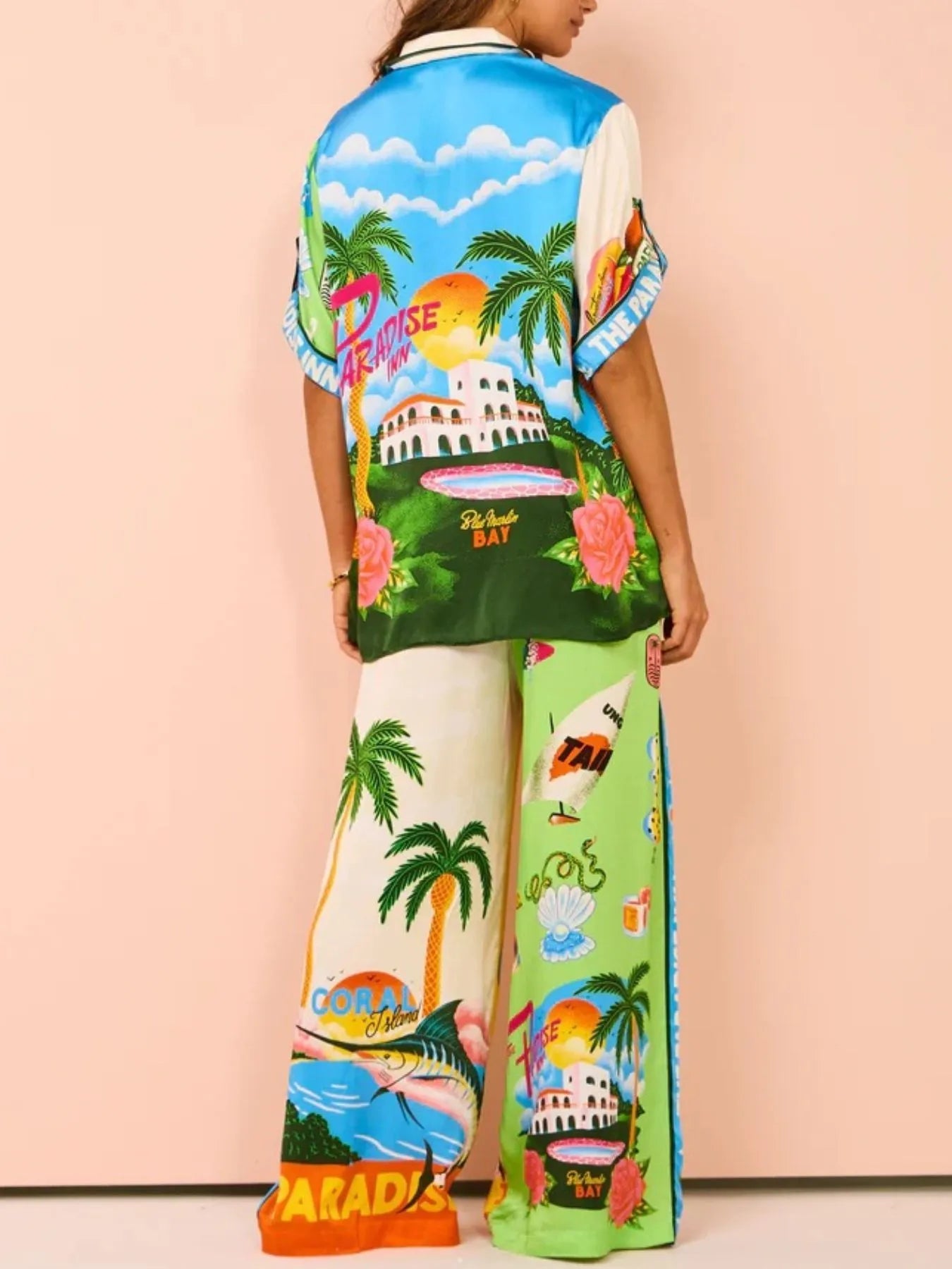 Printed Half Sleeve Shirt and Wide Leg Pants Set - Velora Luxury Fashion