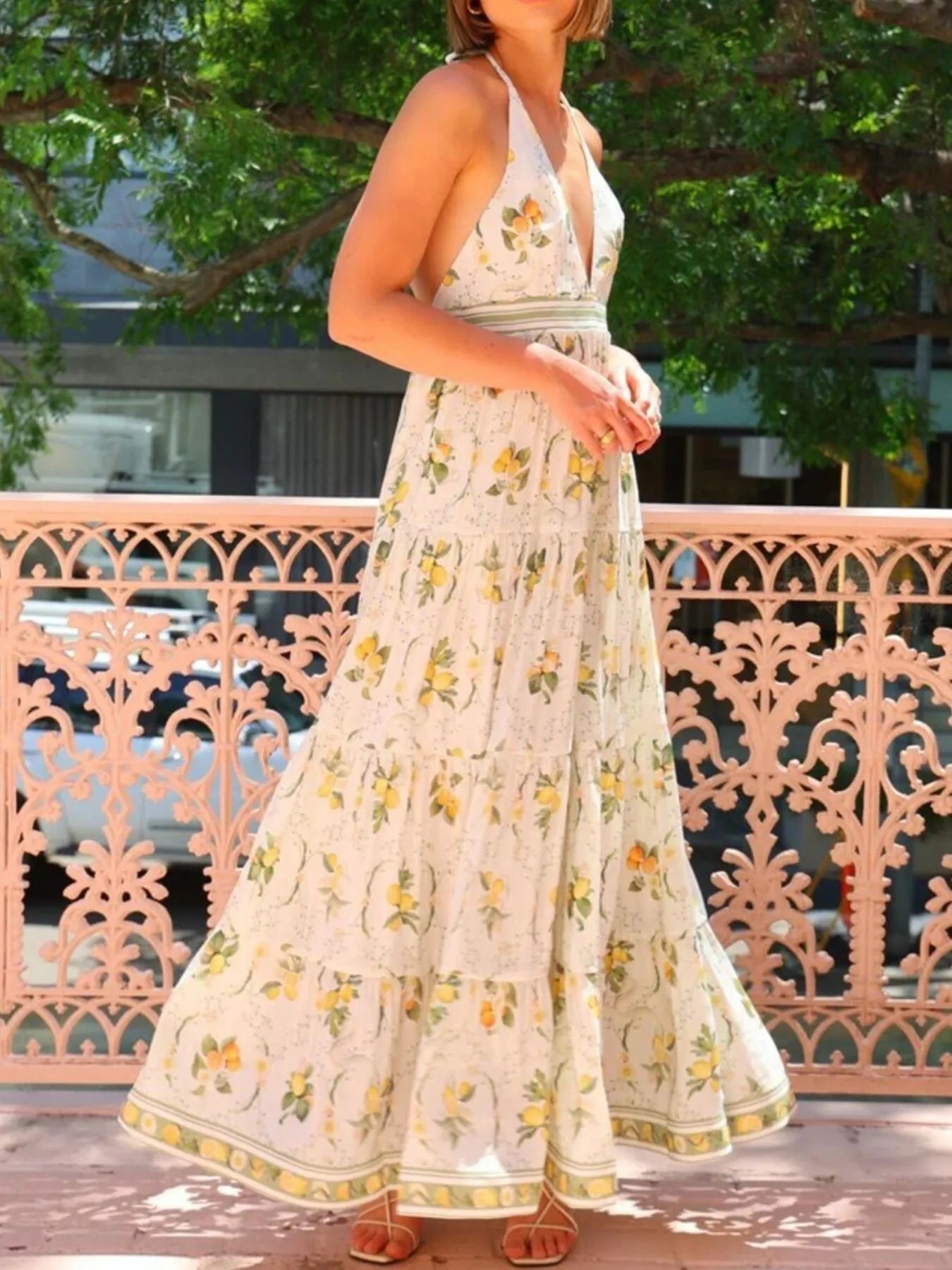 Printed Halter Neck Maxi Cami Dress - Velora Luxury Fashion