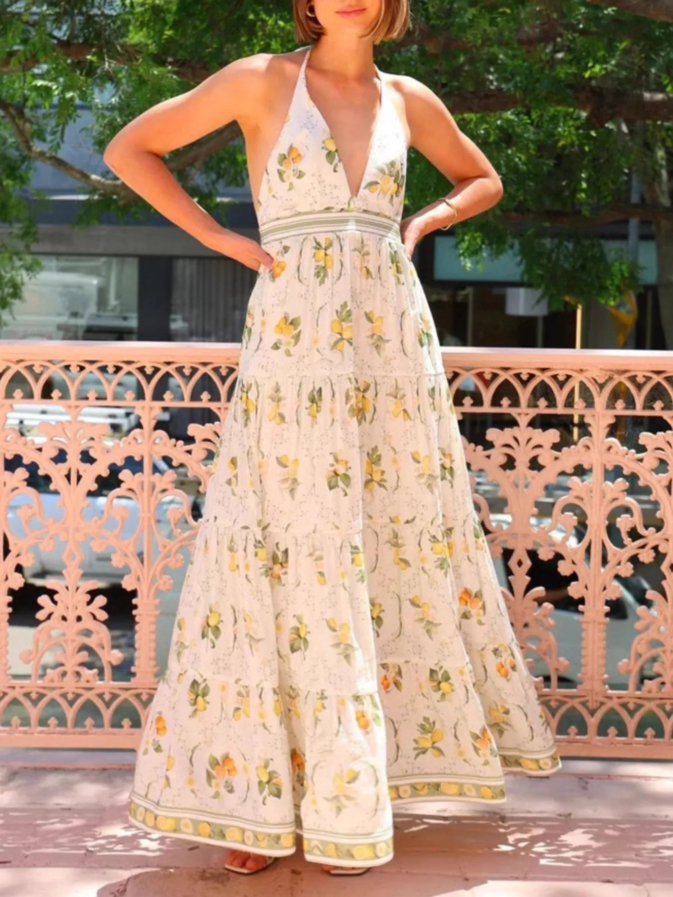 Printed Halter Neck Maxi Cami Dress - Velora Luxury Fashion