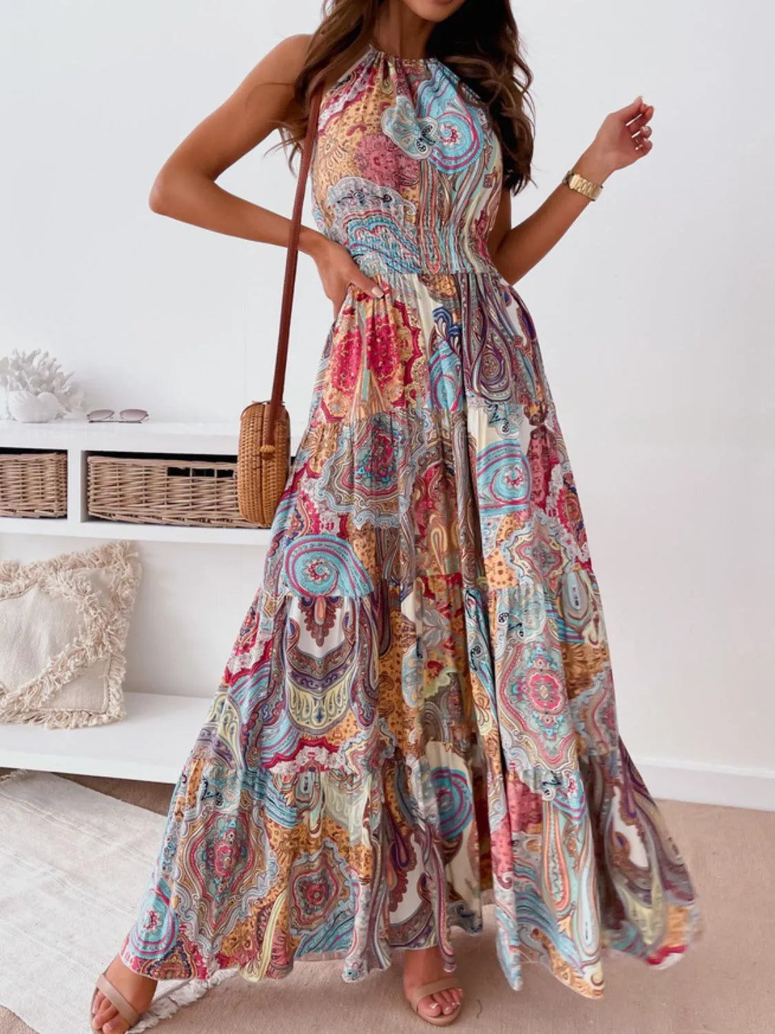 Printed Halter Neck Maxi Dress - Velora Luxury Fashion