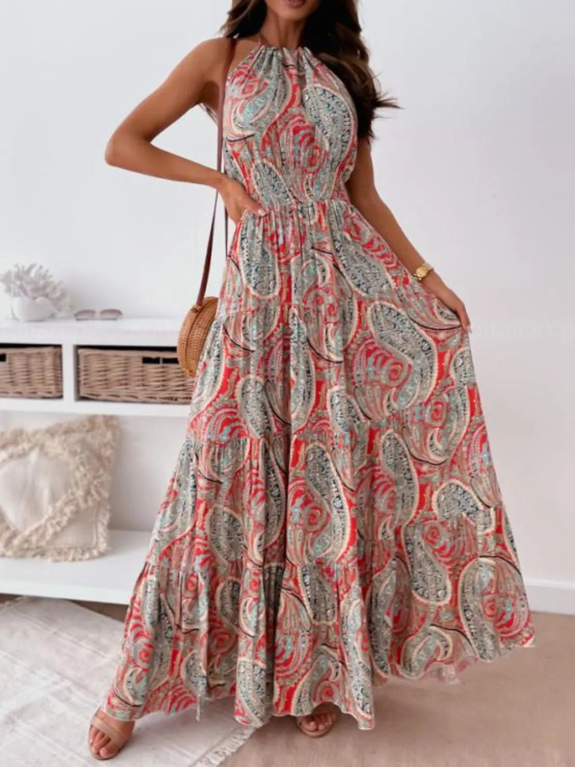 Printed Halter Neck Maxi Dress - Velora Luxury Fashion