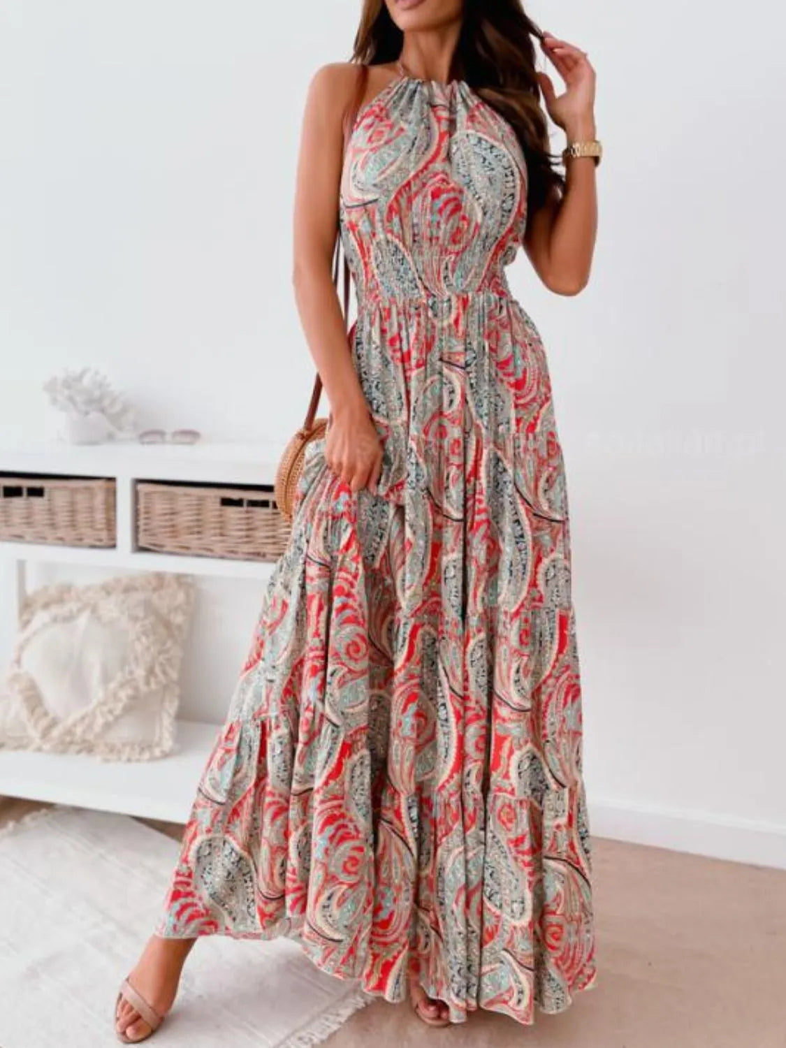 Printed Halter Neck Maxi Dress - Velora Luxury Fashion