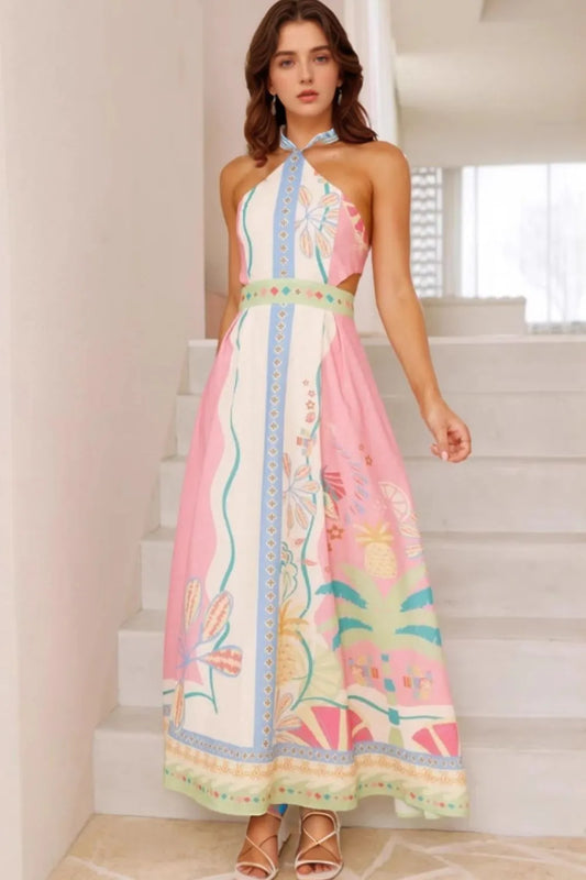 Printed Halter Neck Maxi Dress - Velora Luxury Fashion