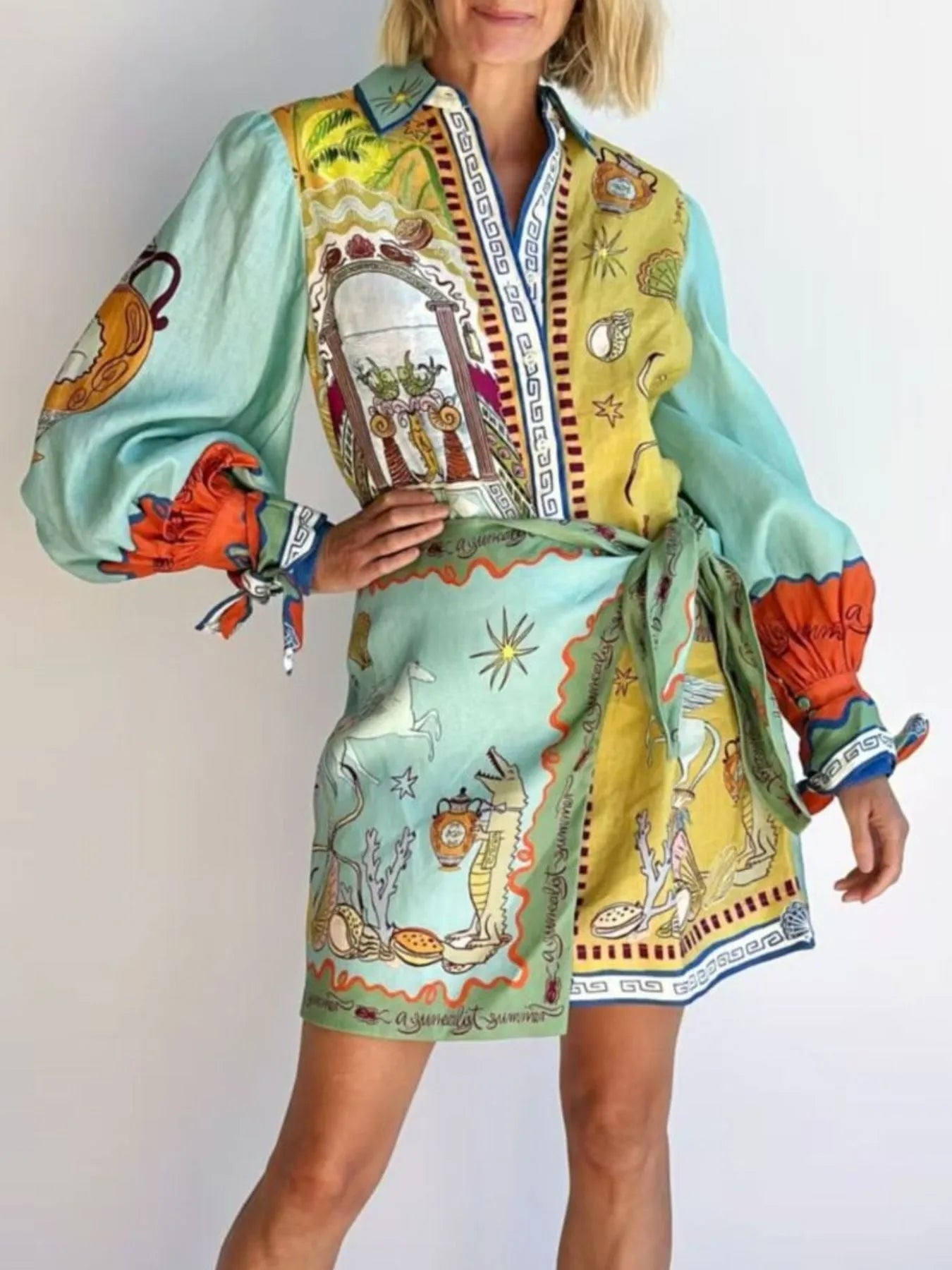 Printed Long Sleeve Shirt Dress - Velora Luxury Fashion