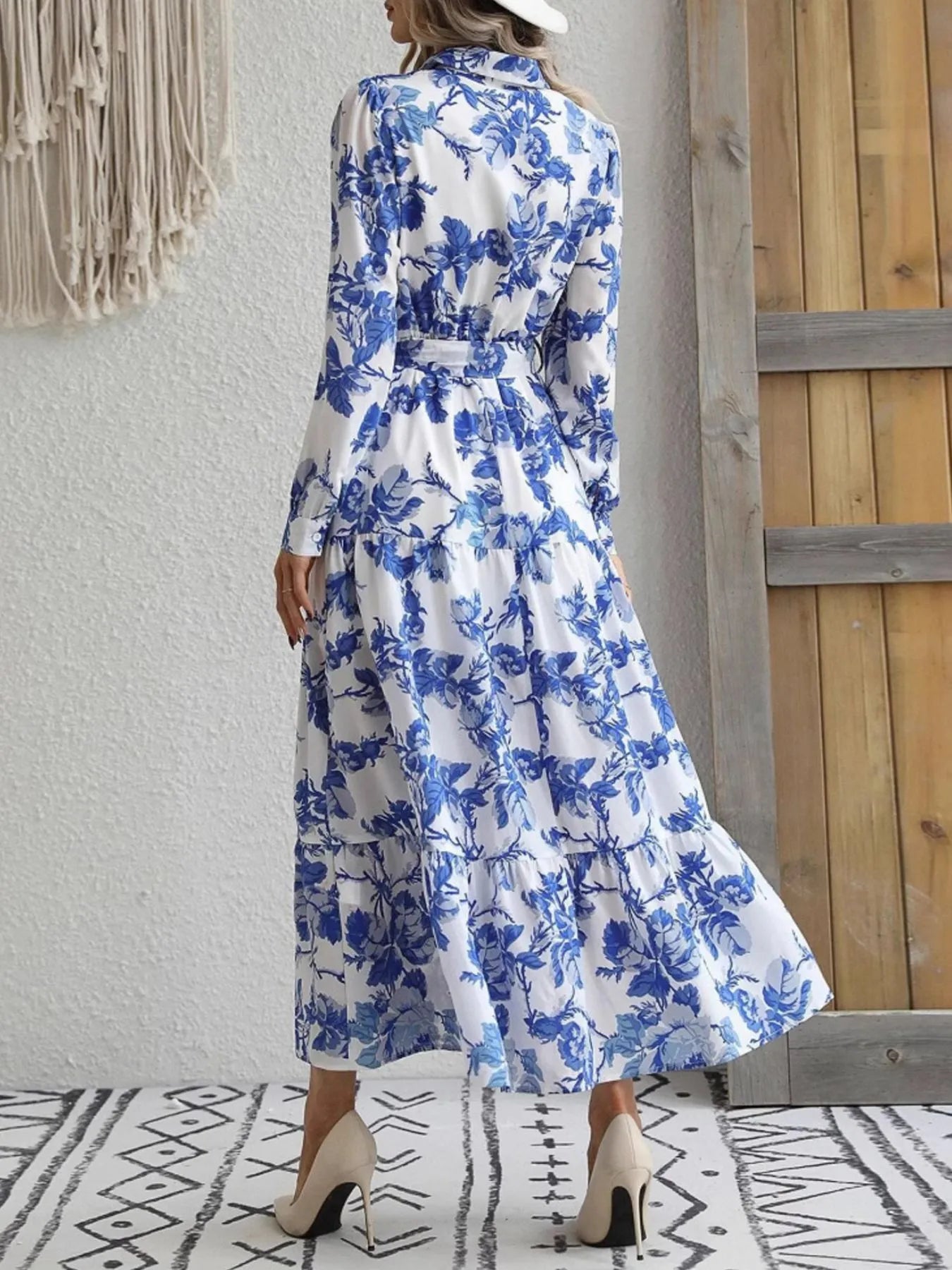 Printed Long Sleeve Shirt Dress - Velora Luxury Fashion