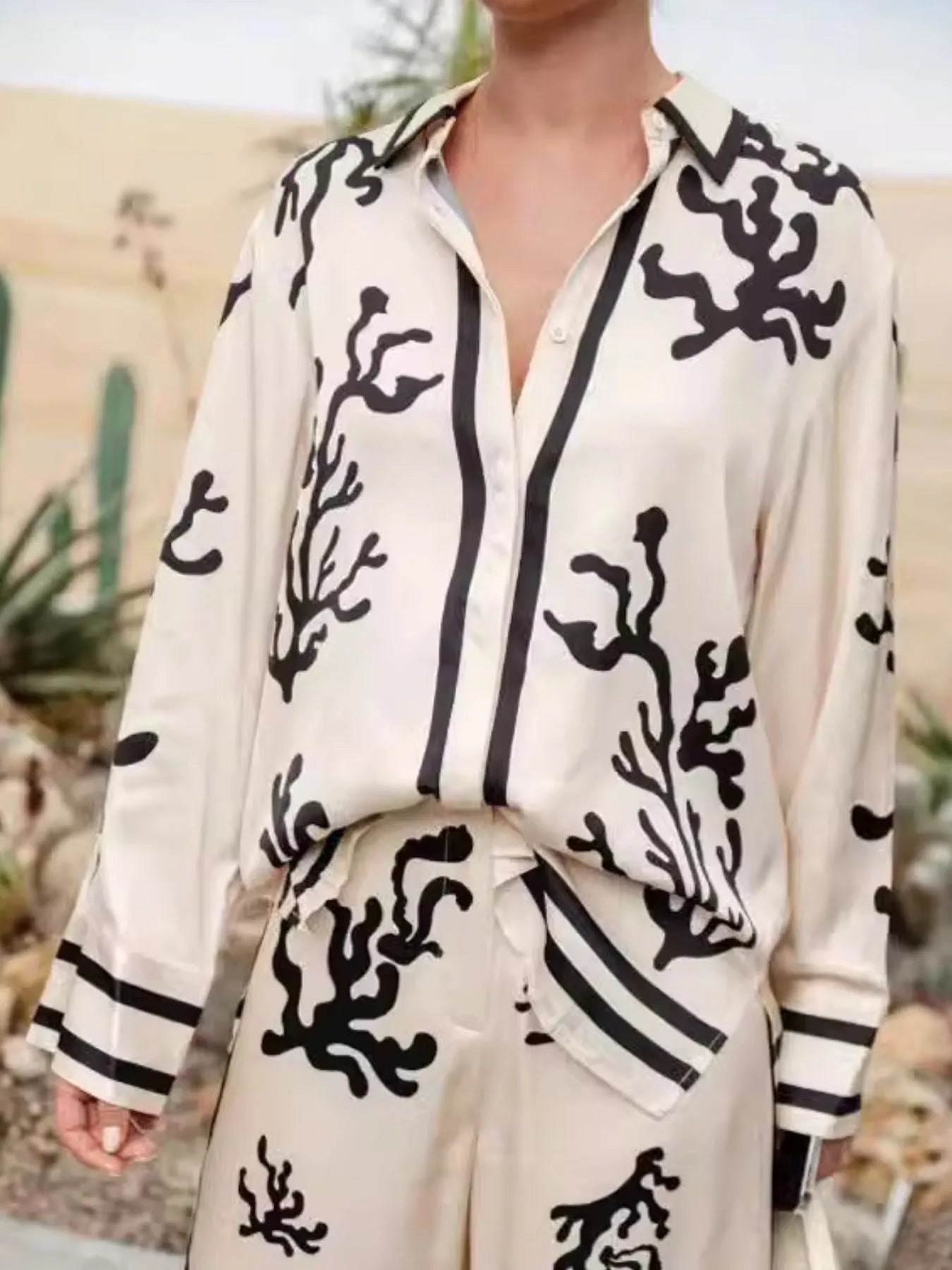 Printed Long Sleeve Shirt and Pants Set - Velora Luxury Fashion