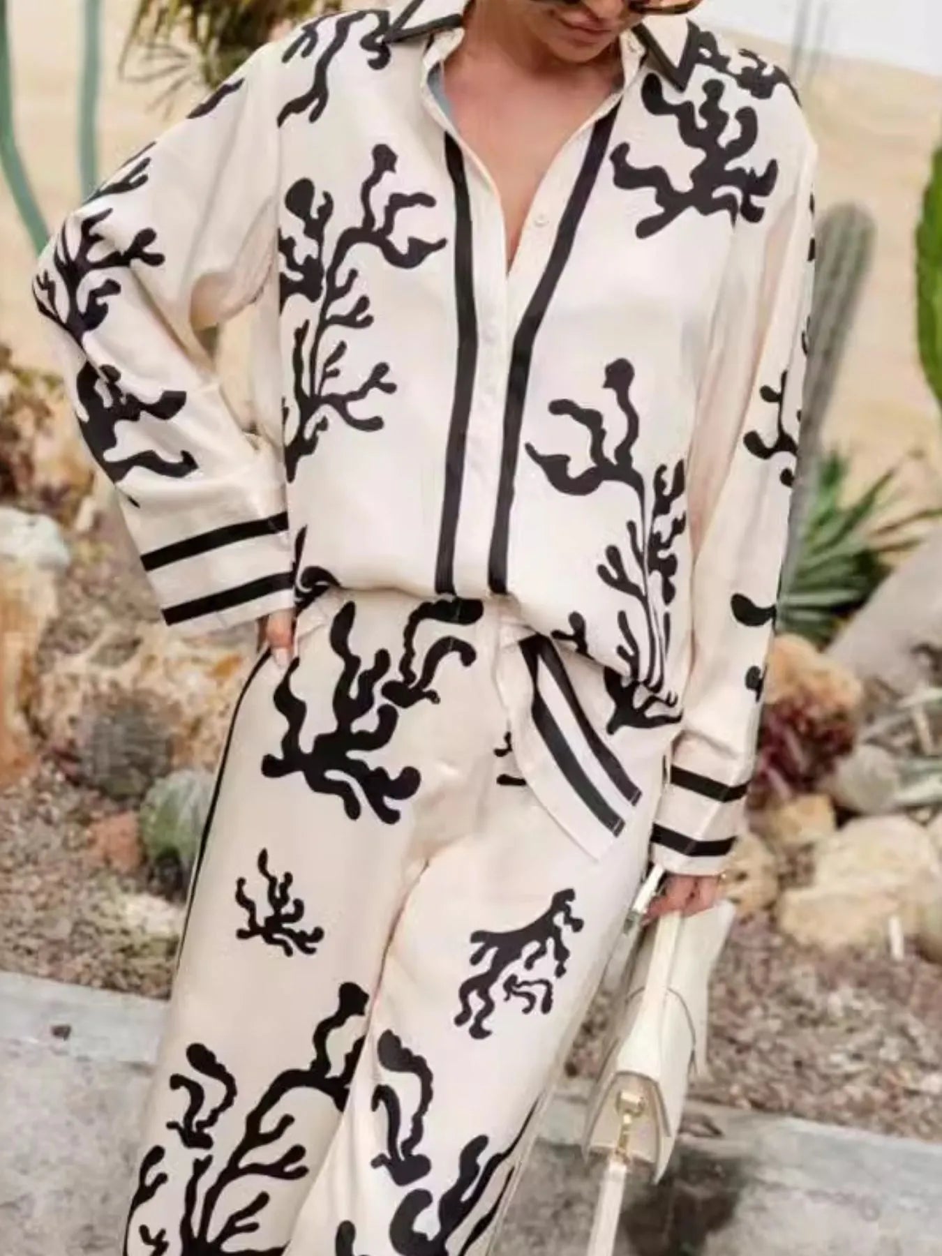 Printed Long Sleeve Shirt and Pants Set - Velora Luxury Fashion