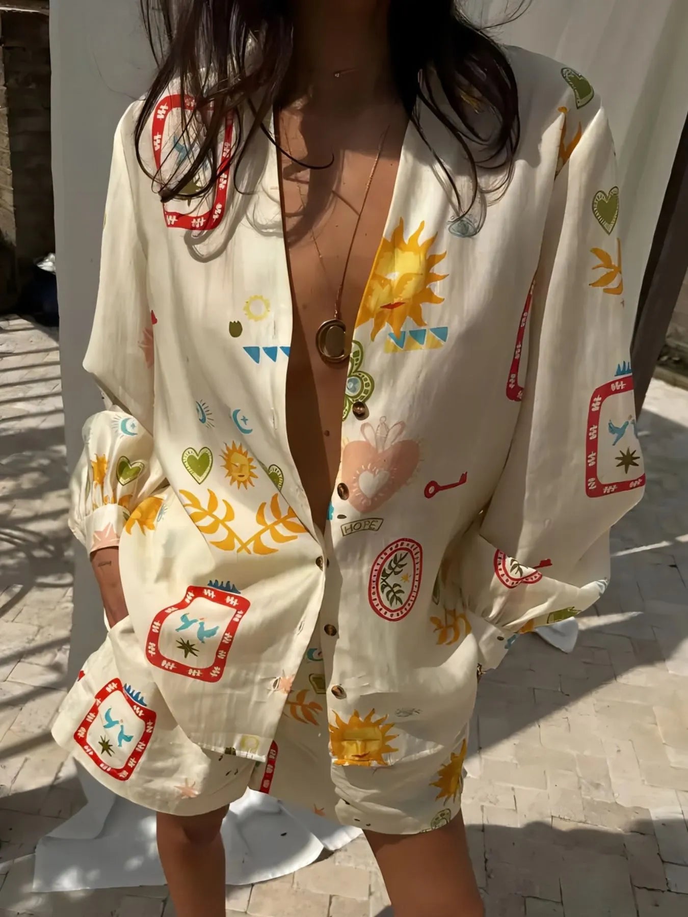 Printed Long Sleeve Shirt and Shorts Set - Velora Luxury Fashion