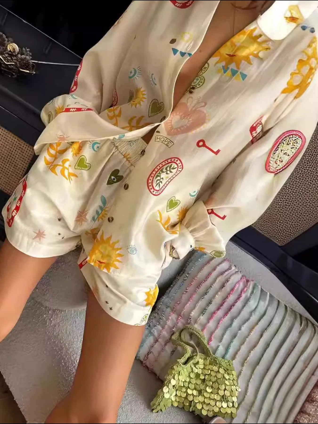 Printed Long Sleeve Shirt and Shorts Set - Velora Luxury Fashion