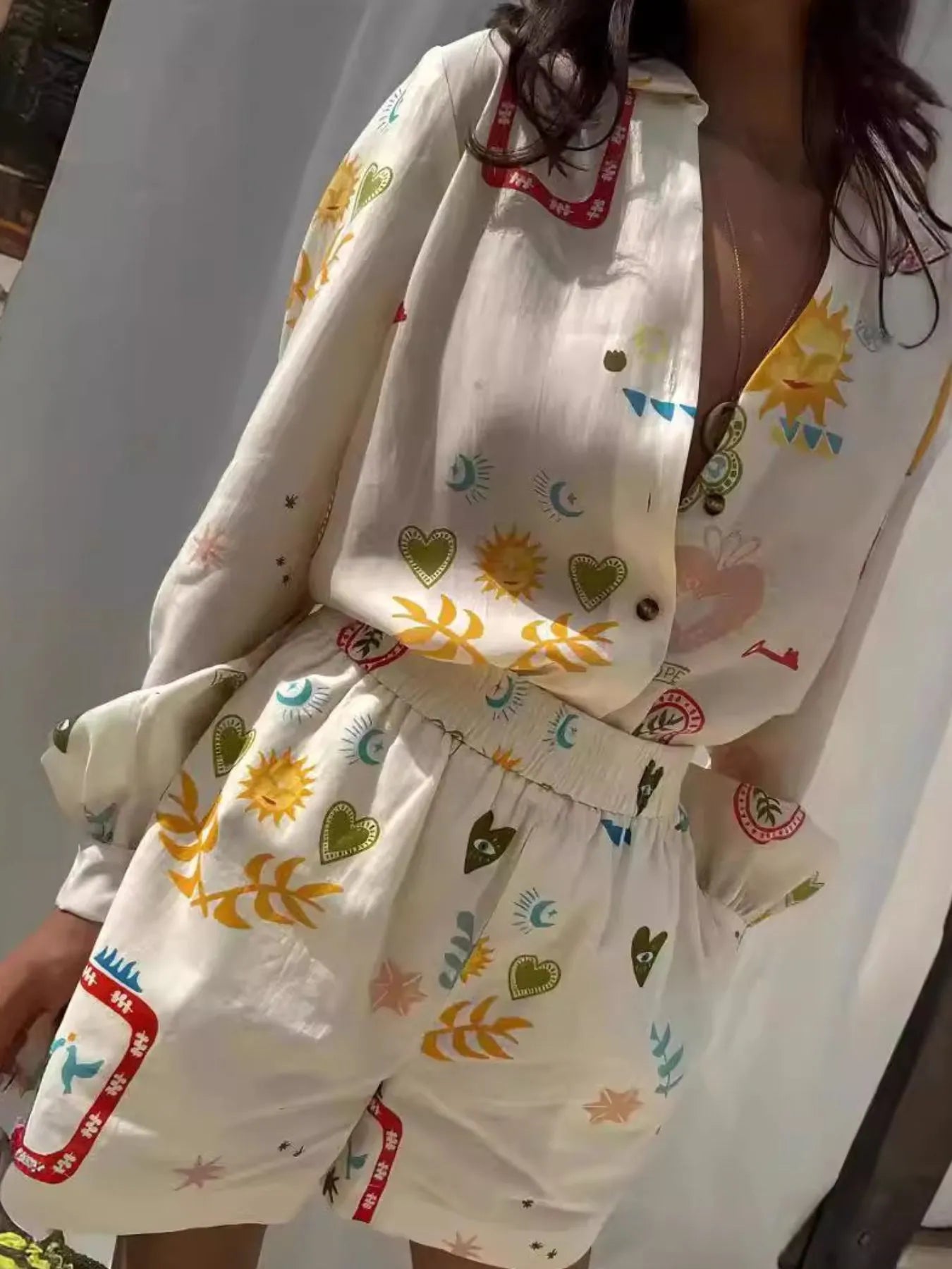 Printed Long Sleeve Shirt and Shorts Set - Velora Luxury Fashion