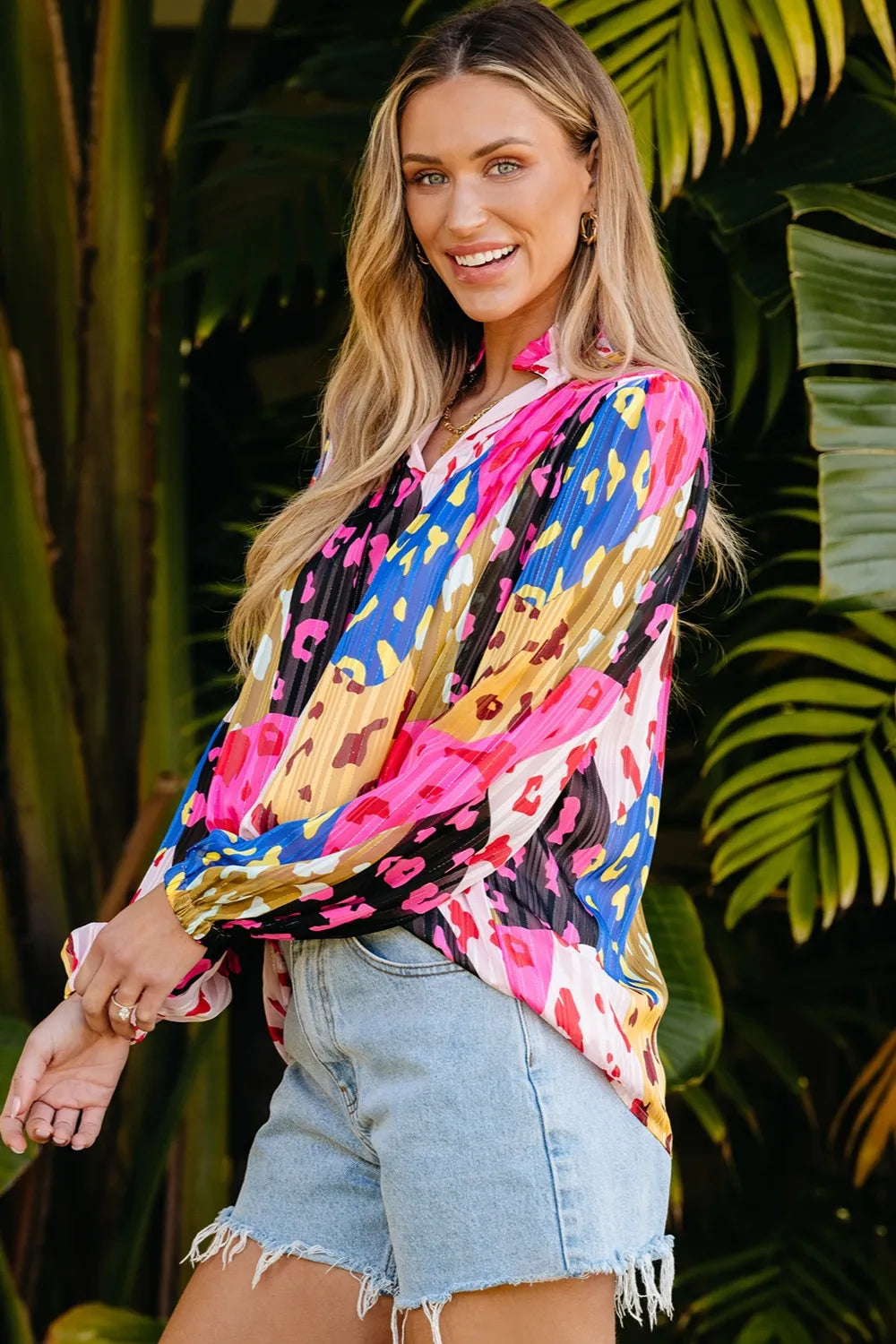 Printed Notched Long Sleeve Blouse - Velora Luxury Fashion