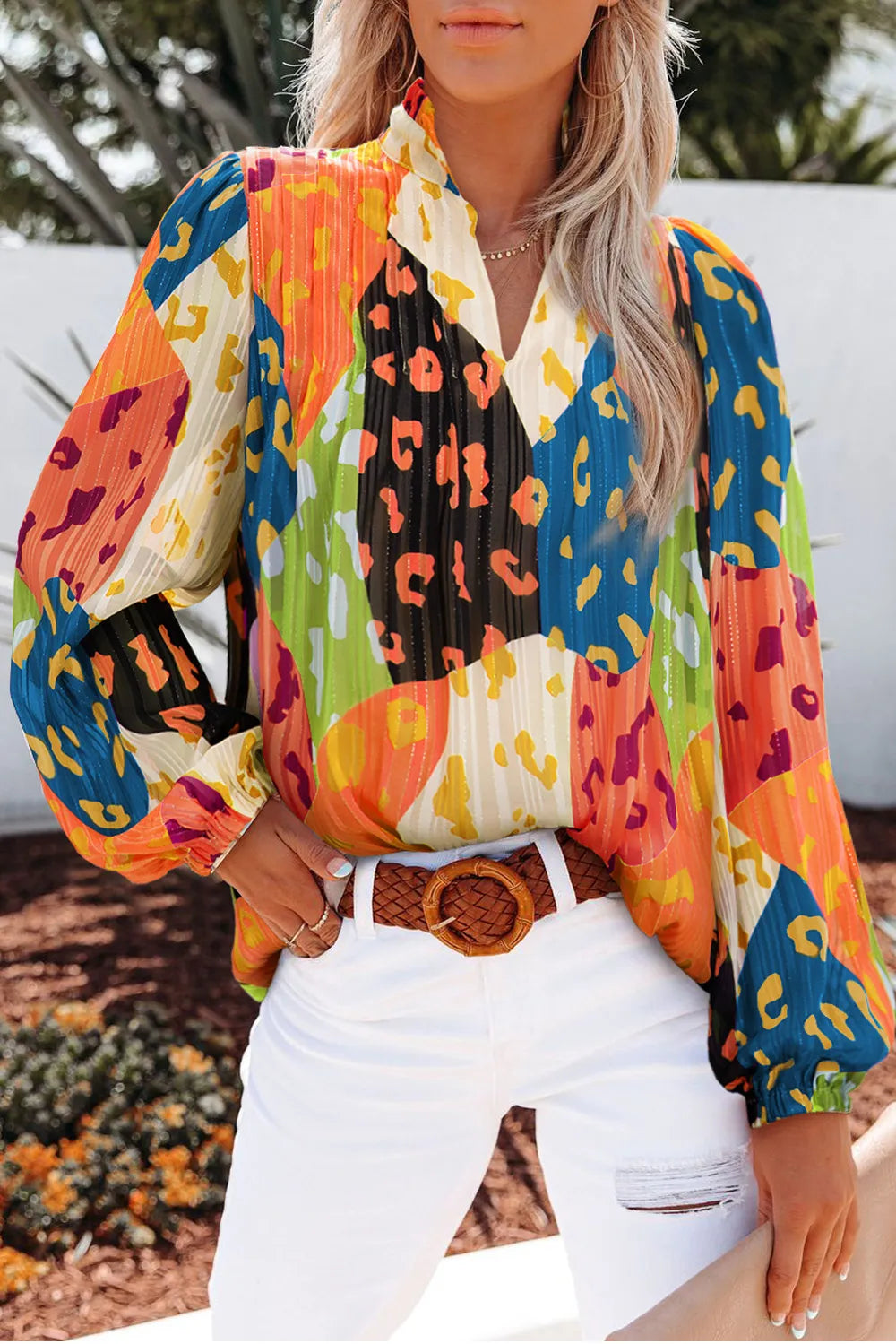 Printed Notched Long Sleeve Blouse - Velora Luxury Fashion