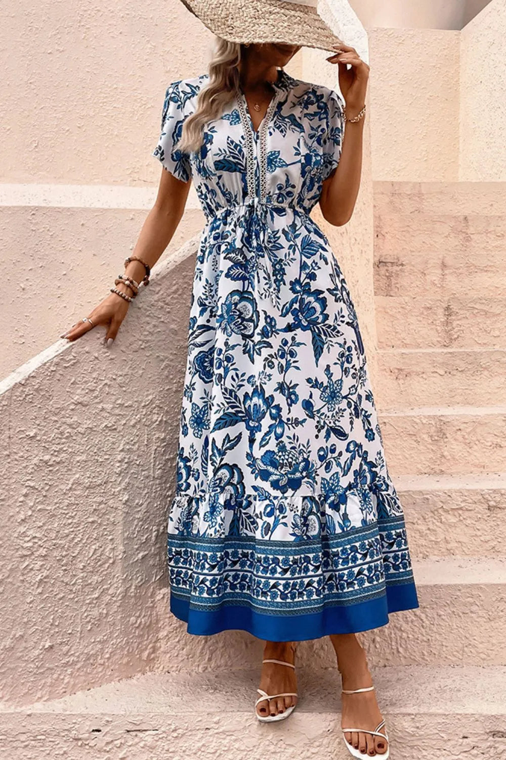 Printed Notched Short Sleeve Dress - Velora Luxury Fashion