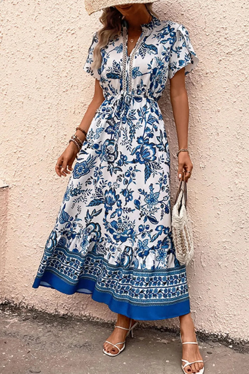 Printed Notched Short Sleeve Dress - Velora Luxury Fashion
