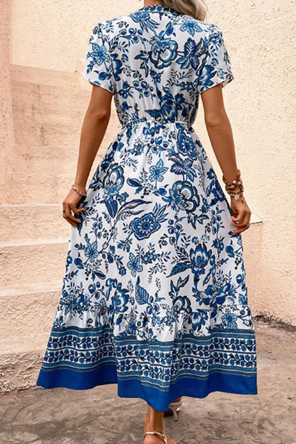 Printed Notched Short Sleeve Dress - Velora Luxury Fashion