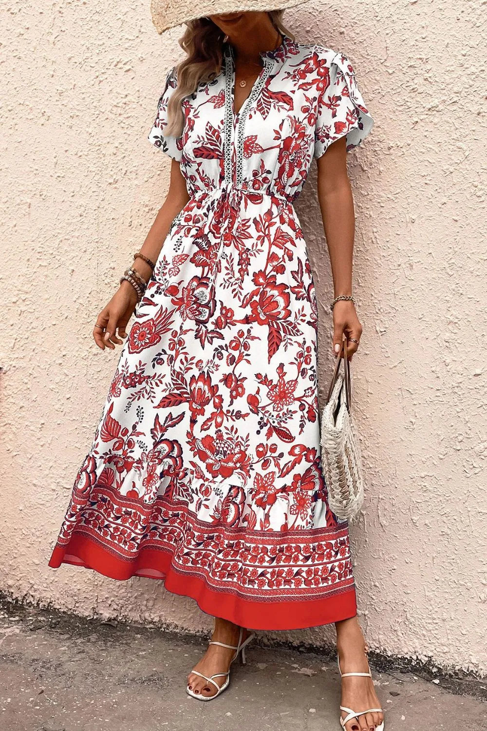 Printed Notched Short Sleeve Dress - Velora Luxury Fashion