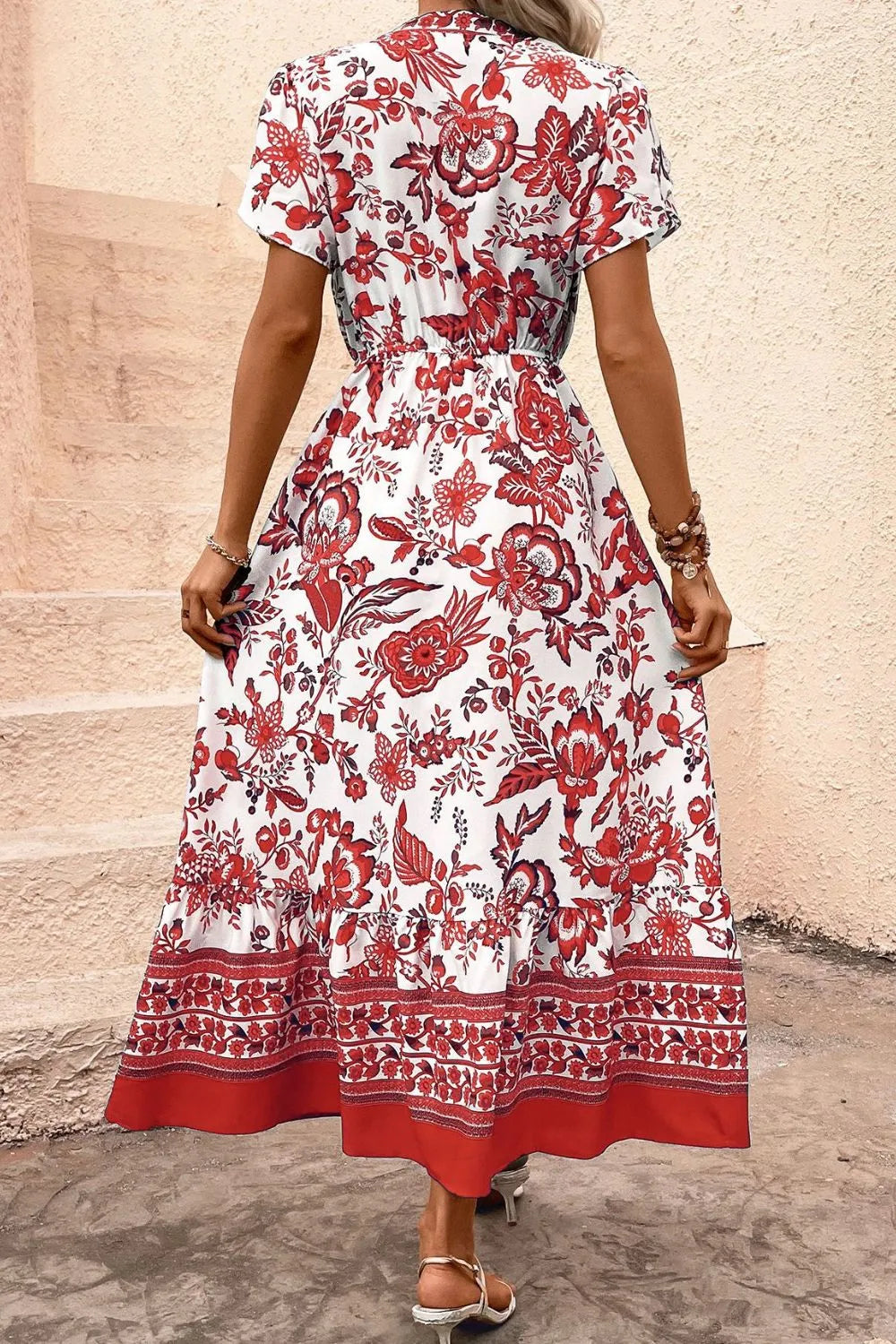 Printed Notched Short Sleeve Dress - Velora Luxury Fashion
