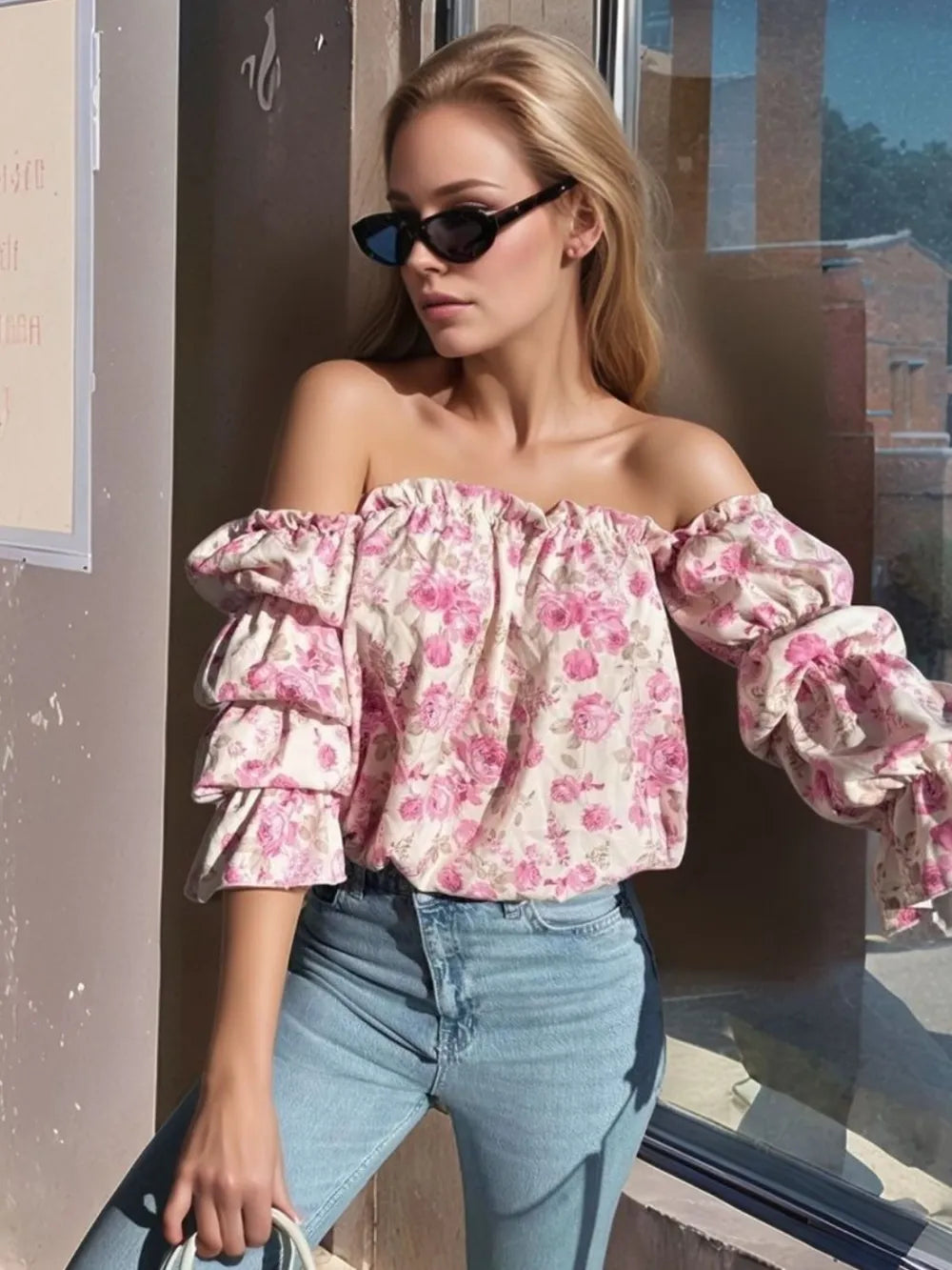 Printed Off-Shoulder Flounce Sleeve Blouse - Velora Luxury Fashion