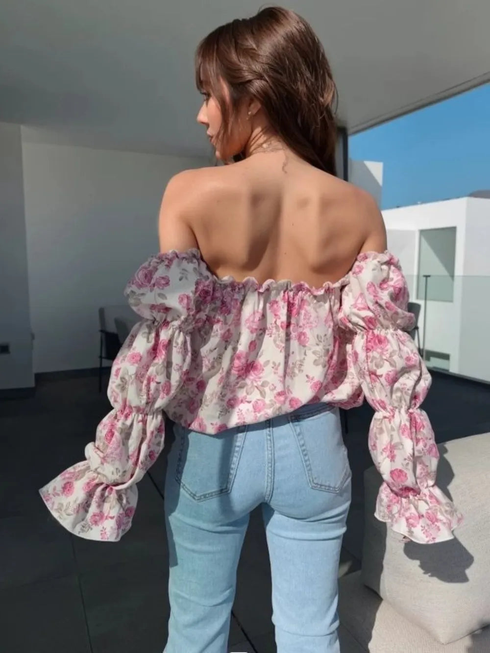 Printed Off-Shoulder Flounce Sleeve Blouse - Velora Luxury Fashion