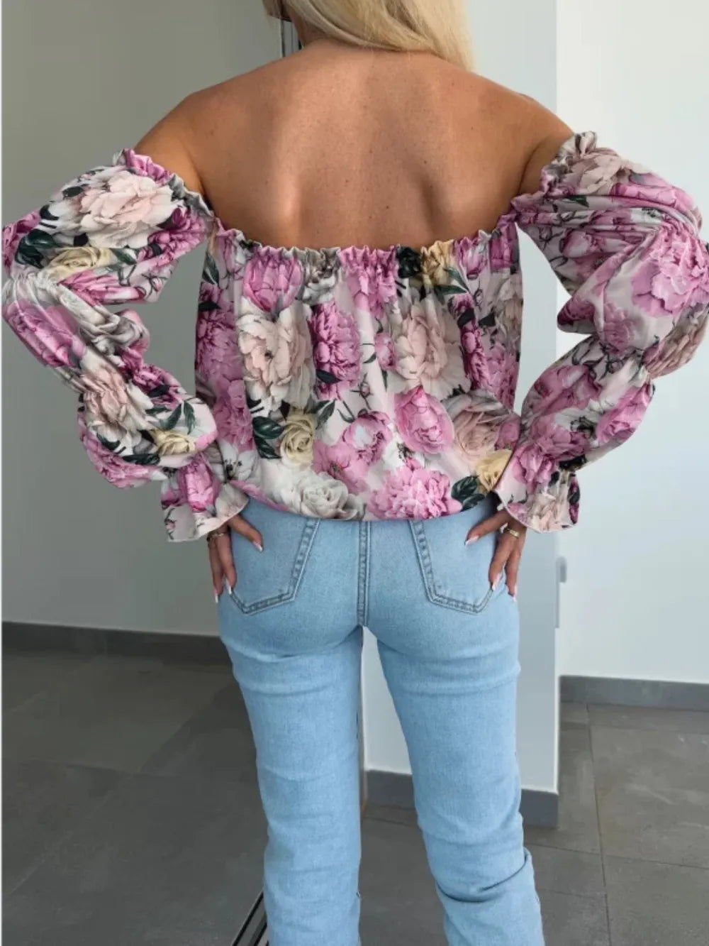 Printed Off-Shoulder Flounce Sleeve Blouse - Velora Luxury Fashion