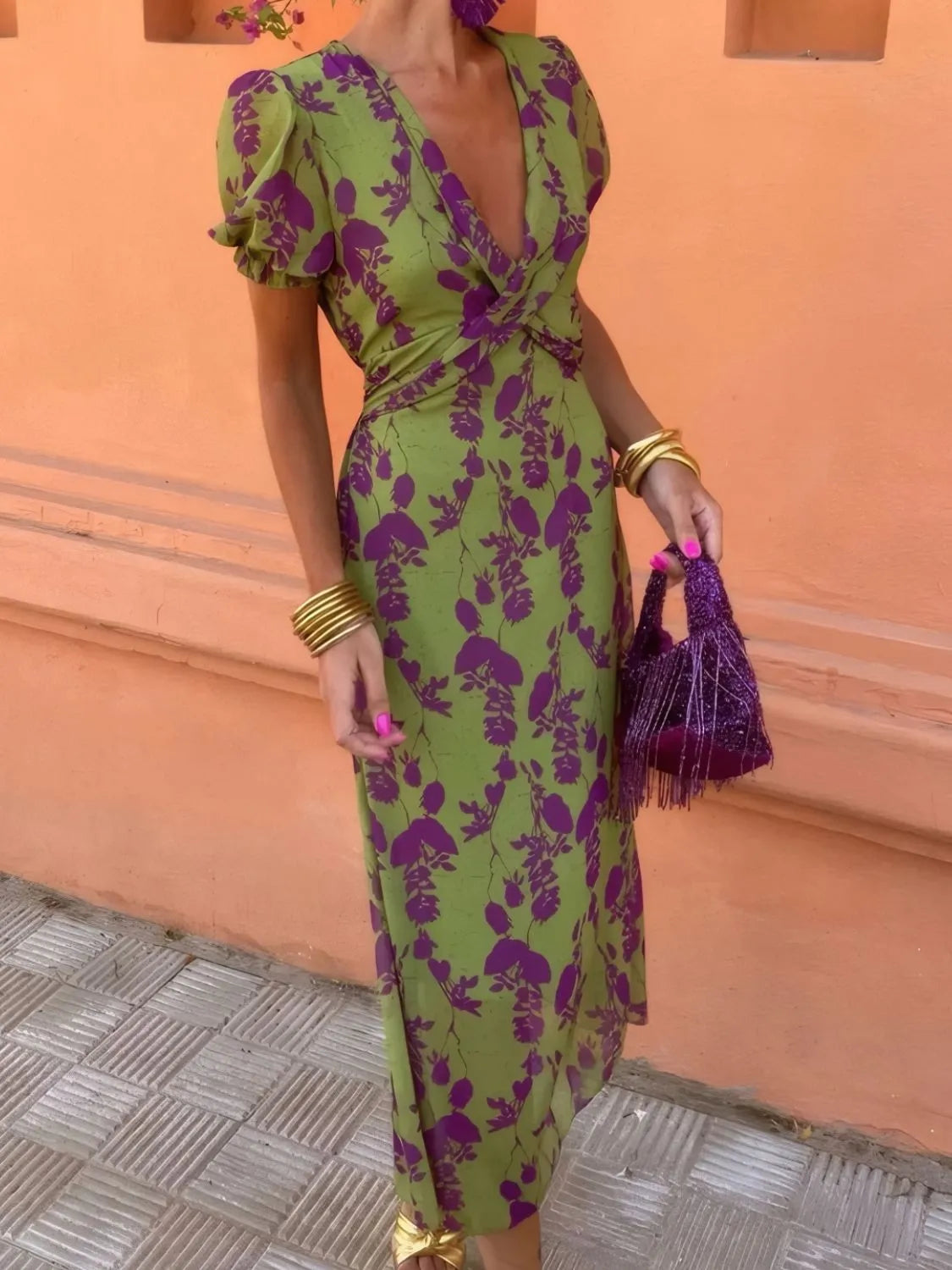 Printed Plunge Short Sleeve Midi Dress - Velora Luxury Fashion