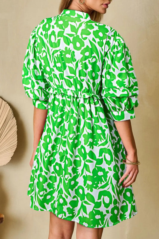 Printed Puff Half Sleeve V Neck Babydoll Dress - Velora Luxury Fashion