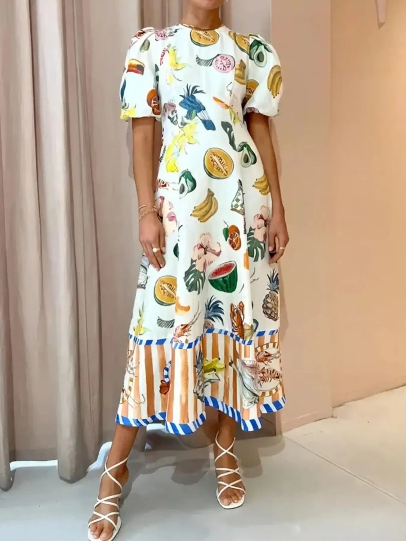 Printed Round Neck Puff Sleeve Dress - Velora Luxury Fashion