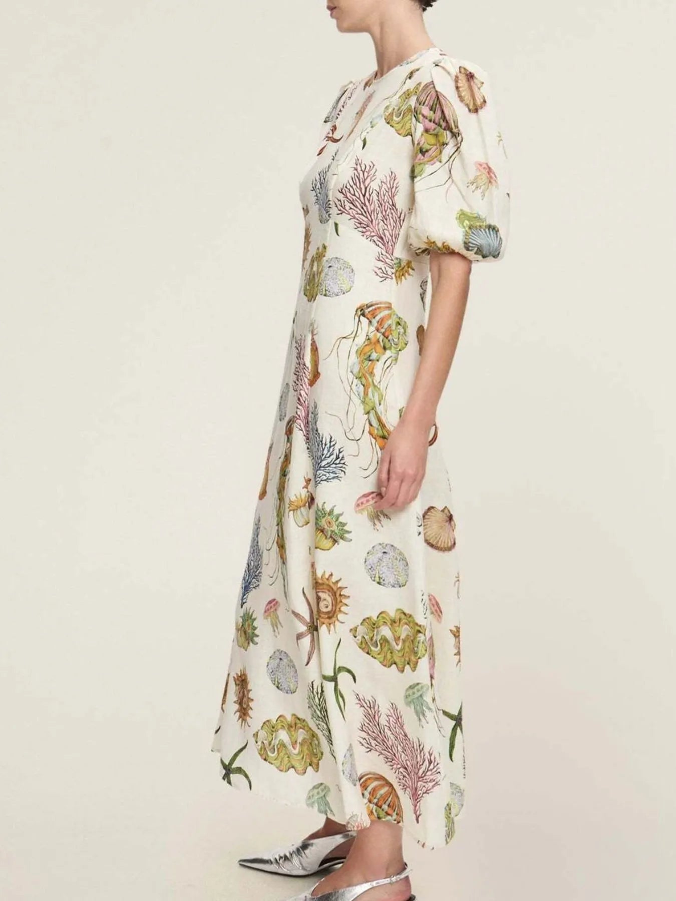 Printed Round Neck Puff Sleeve Dress - Velora Luxury Fashion