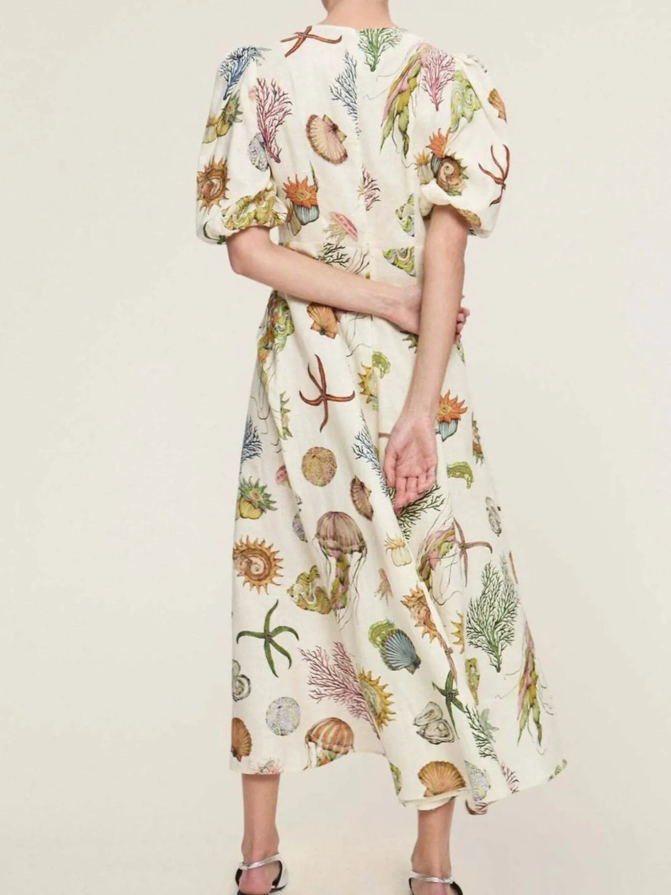 Printed Round Neck Puff Sleeve Dress - Velora Luxury Fashion