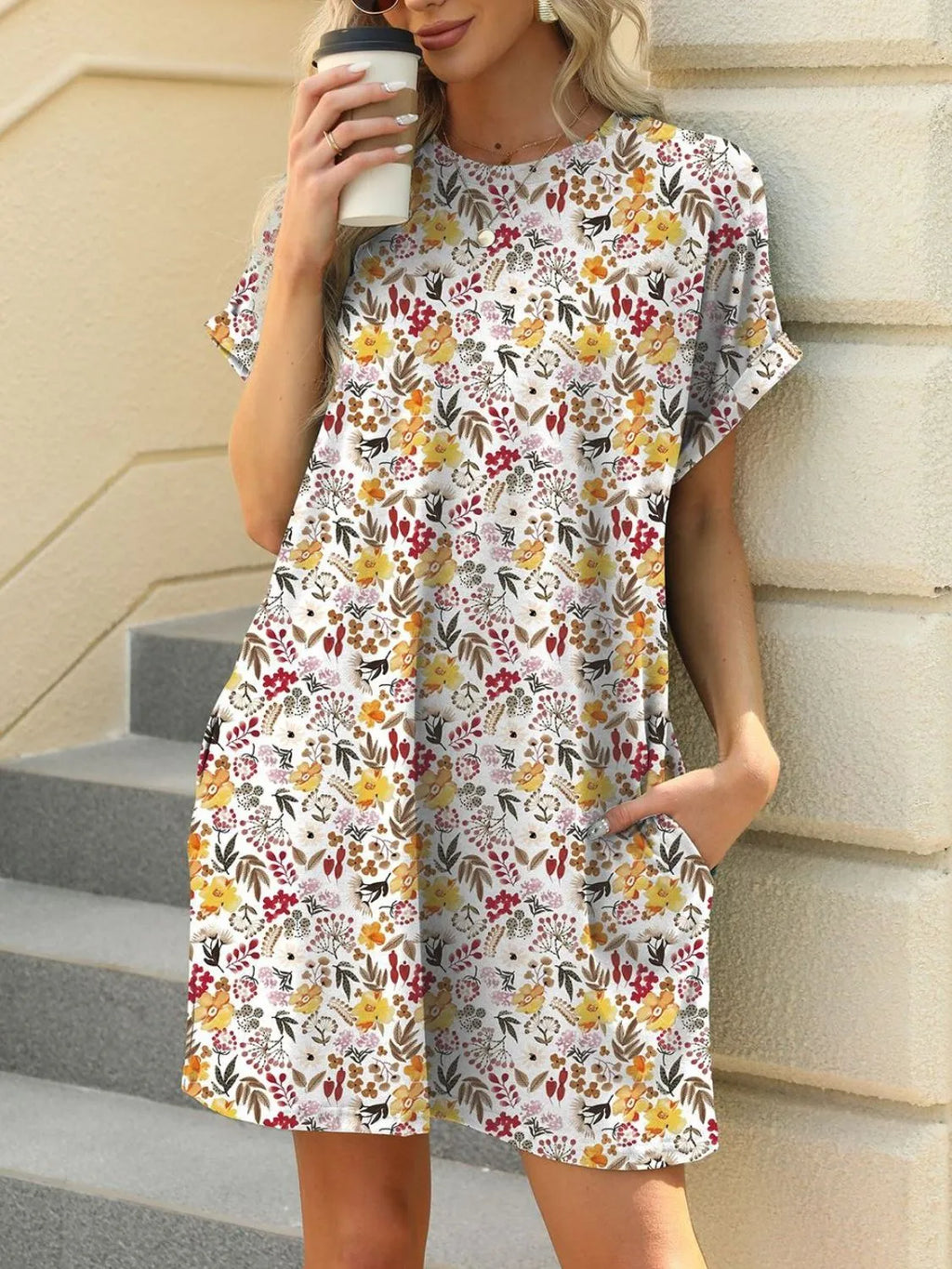 Printed Round Neck Short Sleeve Mini Dress - Velora Luxury Fashion