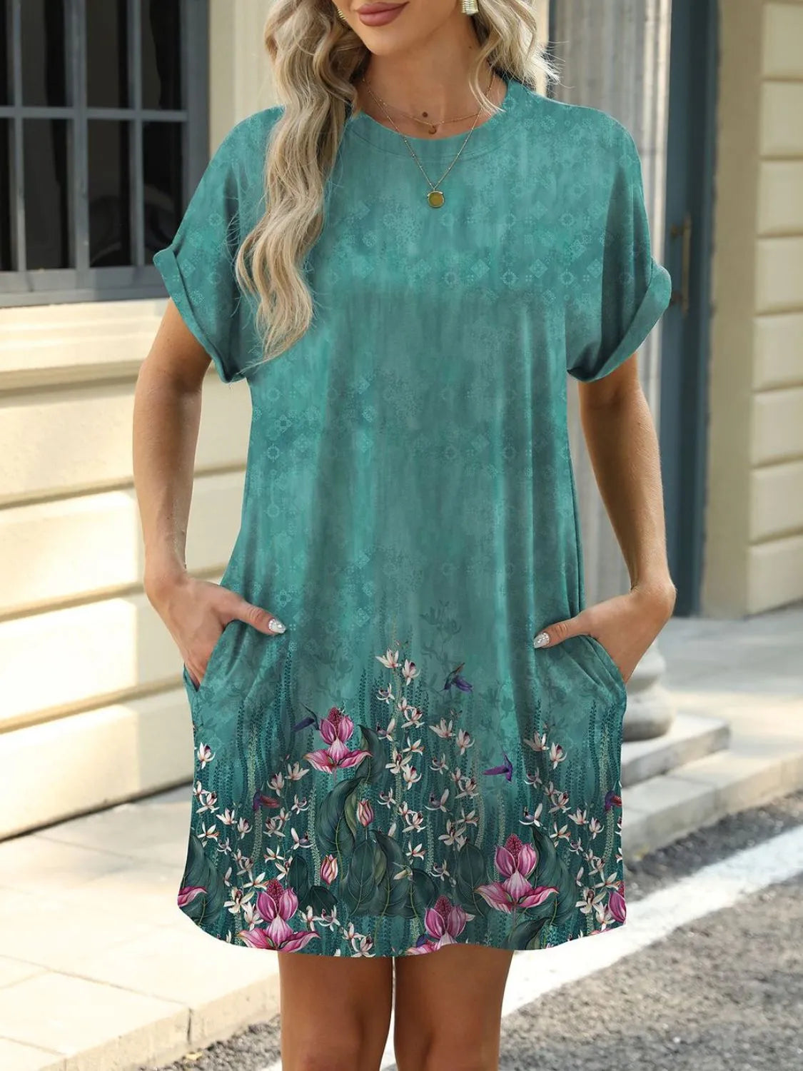 Printed Round Neck Short Sleeve Mini Dress - Velora Luxury Fashion