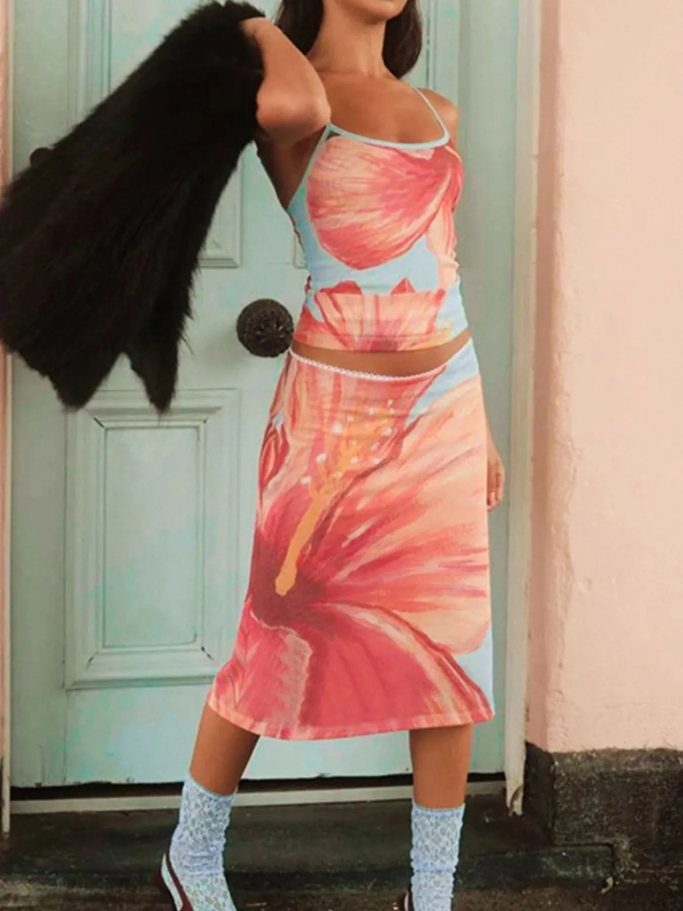 Printed Scoop Neck Cami and Skirt Set - Velora Luxury Fashion