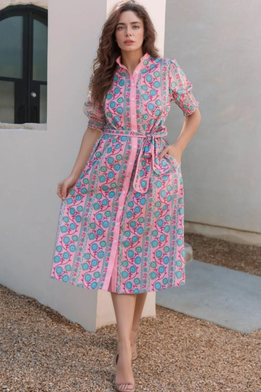 Printed Shirred Sleeve Buttoned Front Midi Dress with Sash - Velora Luxury Fashion