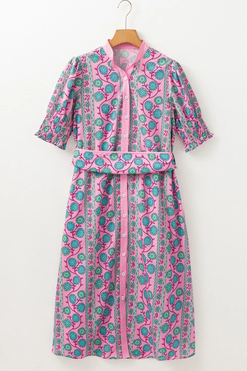 Printed Shirred Sleeve Buttoned Front Midi Dress with Sash - Velora Luxury Fashion