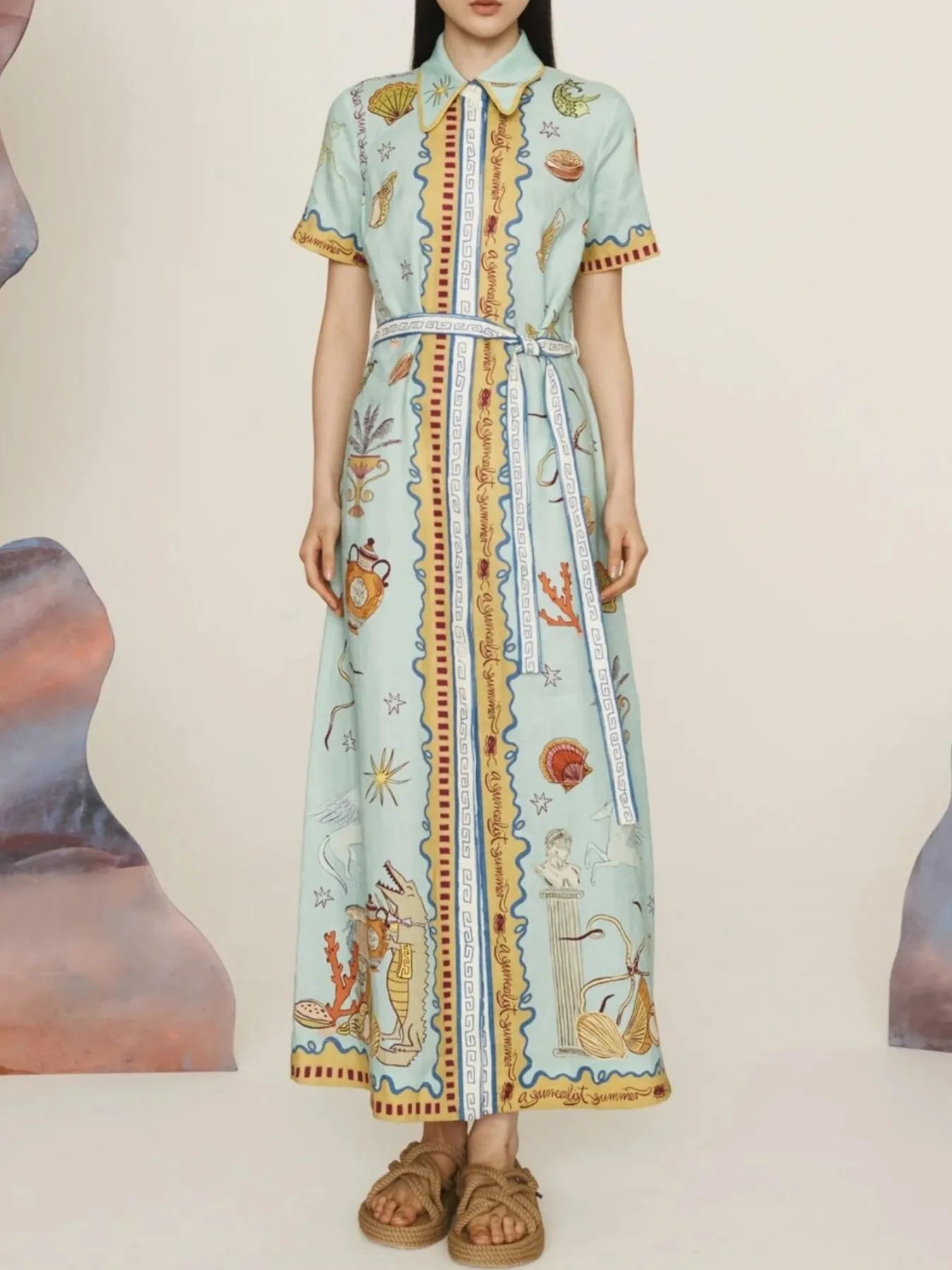 Printed Short Sleeve Maxi Shirt Dress with Belt - Velora Luxury Fashion