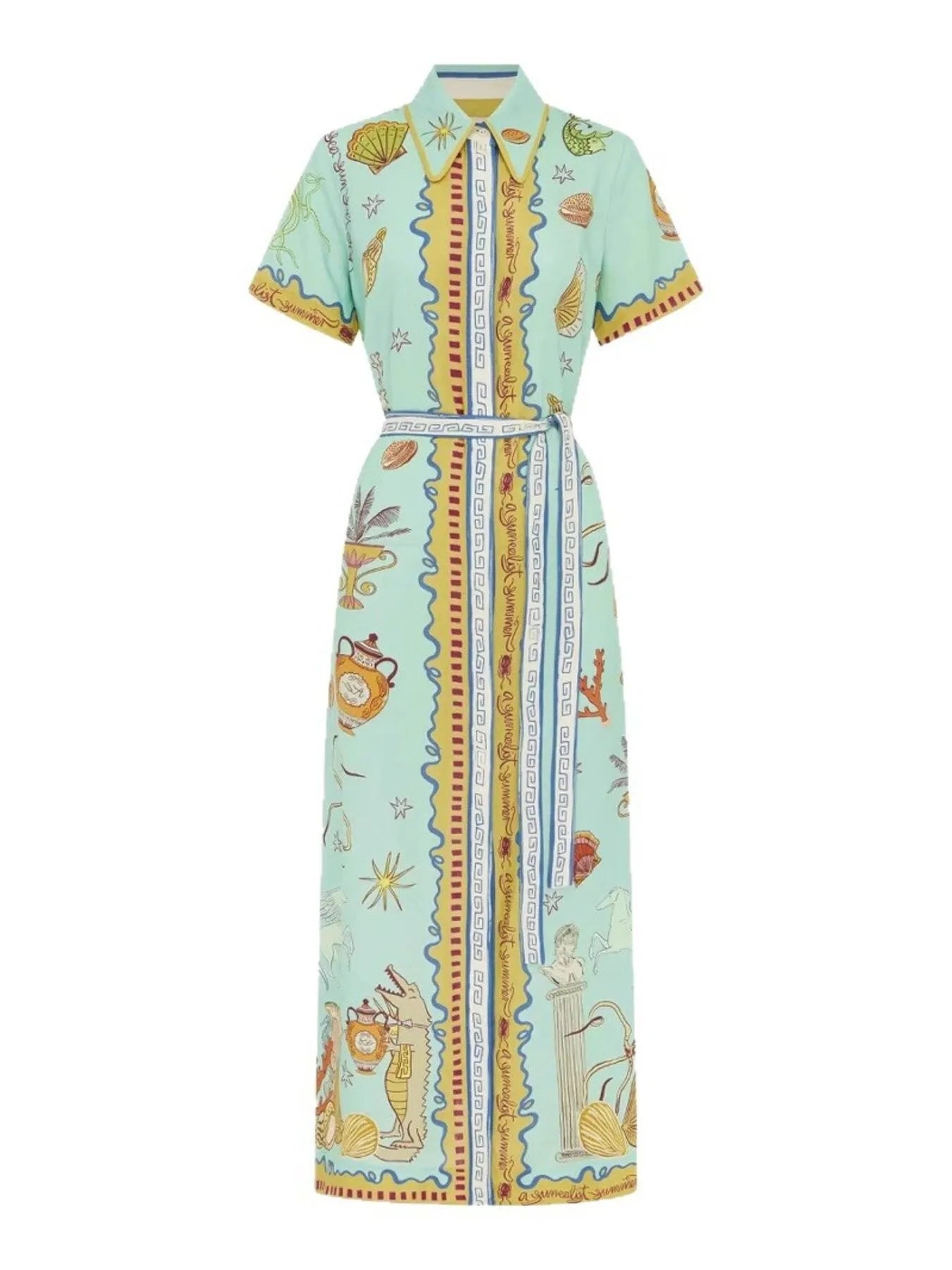 Printed Short Sleeve Maxi Shirt Dress with Belt - Velora Luxury Fashion