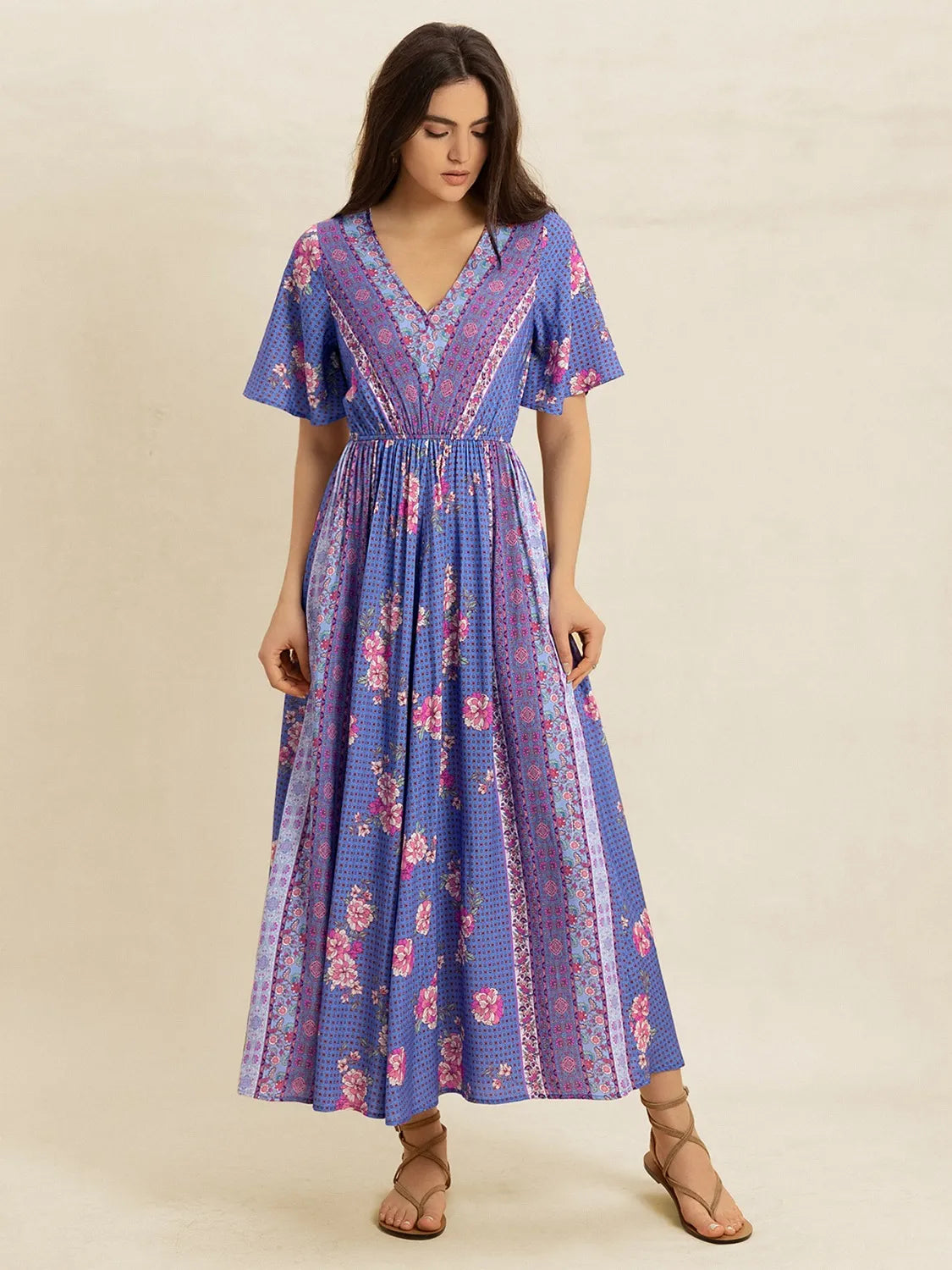 Printed Short Sleeve Midi Dress - Velora