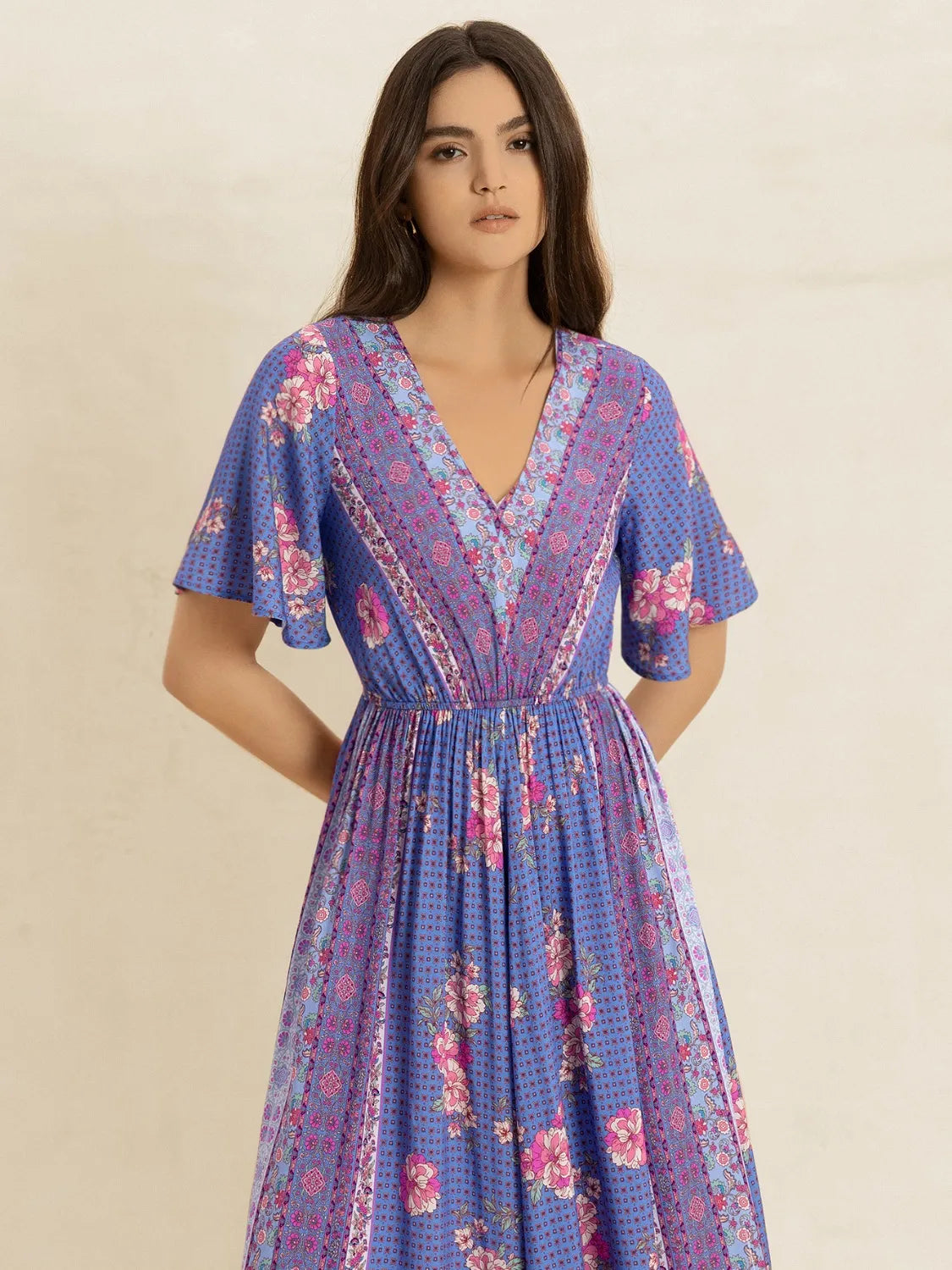 Printed Short Sleeve Midi Dress - Velora Luxury Fashion