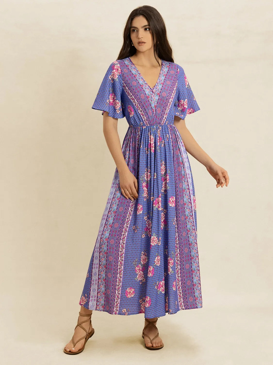 Printed Short Sleeve Midi Dress - Velora