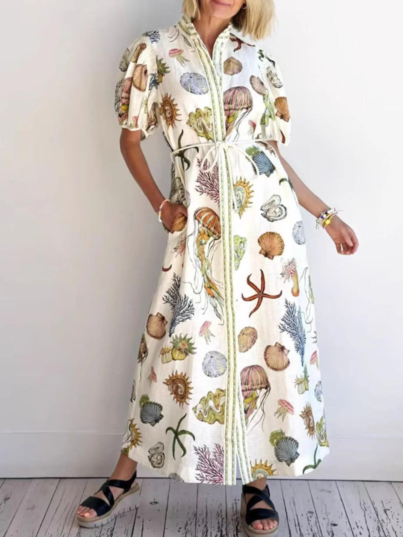 Printed Short Sleeve Shirt Dress - Velora Luxury Fashion