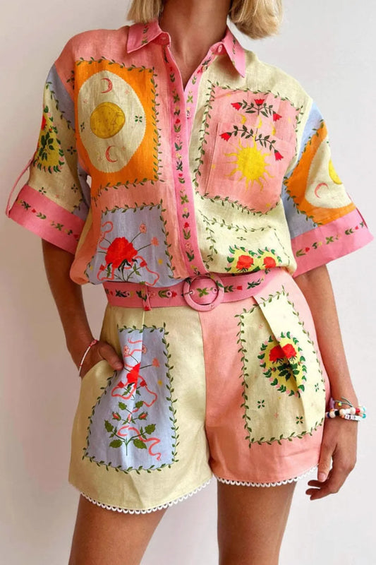 Printed Short Sleeve Shirt and Shorts Set - Velora Luxury Fashion