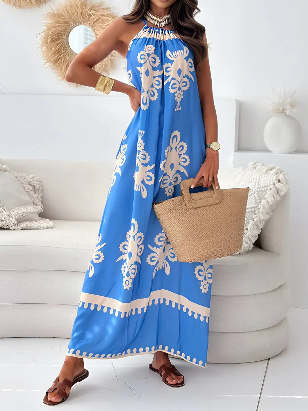 Printed Spaghetti Strap Sleeveless Maxi Dress - Velora